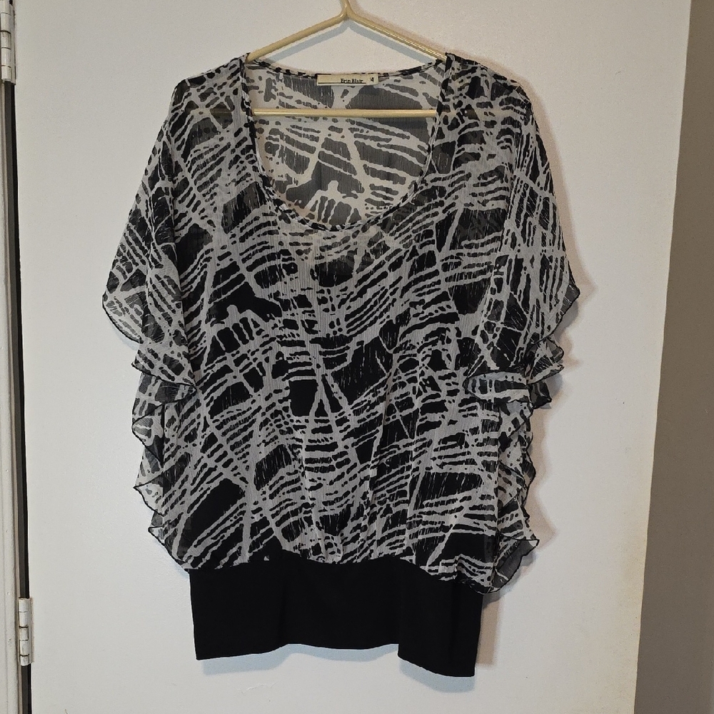 Womens Erin Blair Black and White Blouse Built In Tank With Sheer Overlay